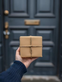 a person is holding a box in front of a door . High quality