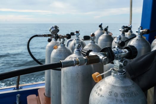 Image of oxygen cylinders for scuba diving, close-up