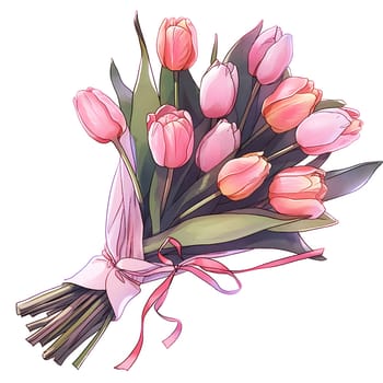 A stunning bouquet of magenta tulips creatively arranged with pink ribbon, showcasing the beauty of this flowering plant in an artful display