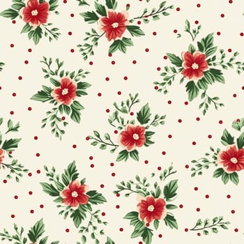 Seamless pattern, tileable Christmas holiday floral country dots print, English countryside flowers for wallpaper, wrapping paper, scrapbook, fabric and product design motif