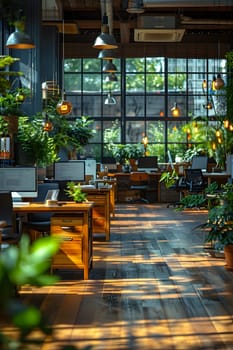 The office is filled with lush vegetation, with a row of desks and chairs surrounded by houseplants in flowerpots. The wood flooring complements the city landscape outside