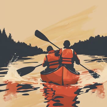 A scenic painting of a couple in a canoe gliding along a tranquil river, with a vibrant sky overhead and the calm water reflecting the beauty of nature