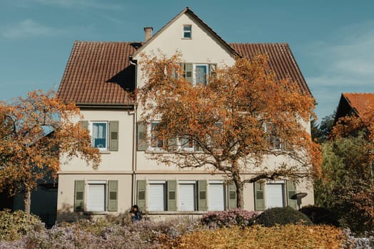 House with nice garden in fall. Flowers in the Park. Bietigheim-Bissingen. Germany, Europe. Autumn Park and house, nobody, bush and grenery