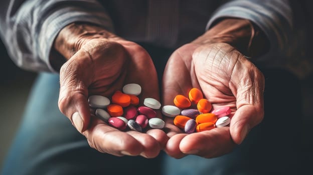 Pills in the hands of an elderly man. Medicine, treatment in a medical institution, healthy lifestyle, medical life insurance, pharmacies, pharmacy, treatment in a clinic.