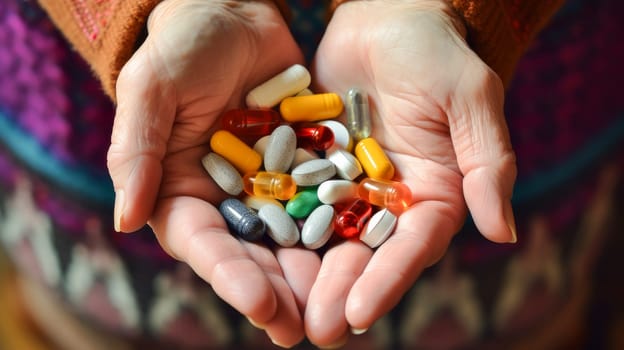 Pills in the hands of an elderly man. Medicine, treatment in a medical institution, healthy lifestyle, medical life insurance, pharmacies, pharmacy, treatment in a clinic.