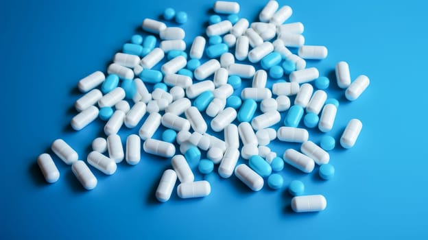 White pills on a blue background. Medicine, treatment in a medical institution, healthy lifestyle, medical life insurance, pharmacies, pharmacy, treatment in a clinic.