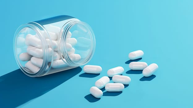 Pills in jars on a blue background. Medicine, treatment in a medical institution, healthy lifestyle, medical life insurance, pharmacies, pharmacy, treatment in a clinic.