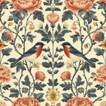 Vintage style seamless pattern with Floral wreath and birds for retro wallpapers. Enchanted Vintage Flowers. Arts and Crafts movement inspired. Design for wrapping paper, wallpaper, fabrics and fashion clothes. Generative AI.