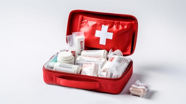 Red first aid kit with medicines and medicines for the road on a white background. Medicine, treatment in a medical institution, healthy lifestyle, medical life insurance, pharmacies, pharmacy, treatment in a clinic.