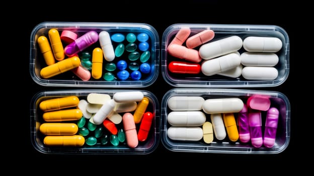 A large number of multi-colored tablets and vitamins, close-up. Medicine, treatment in a medical institution, healthy lifestyle, medical life insurance, pharmacies, pharmacy, treatment in a clinic.