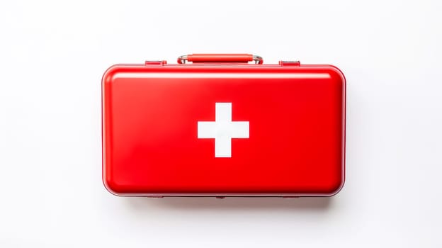 Red first aid kit with a cross with medicines on a white background. Medicine, treatment in a medical institution, healthy lifestyle, medical life insurance, pharmacies, pharmacy, treatment in a clinic.