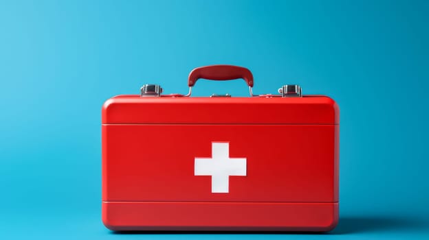 Red first aid kit with a cross with medicines on a blue background. Medicine, treatment in a medical institution, healthy lifestyle, medical life insurance, pharmacies, pharmacy, treatment in a clinic.