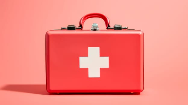 Red first aid kit with a cross with medicines on a pink background. Medicine, treatment in a medical institution, healthy lifestyle, medical life insurance, pharmacies, pharmacy, treatment in a clinic.
