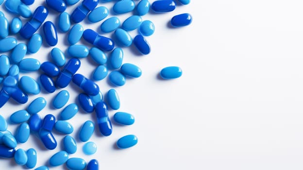 Blue pills, capsules and vitamins on a white background. Medicine, treatment in a medical institution, healthy lifestyle, medical life insurance, pharmacies, pharmacy, treatment in a clinic.