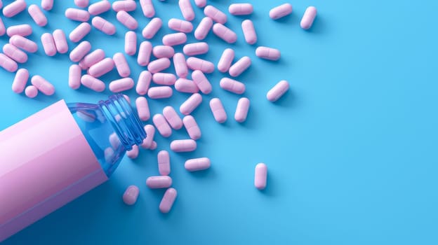 Pink pills, capsules and vitamins in a jar on a blue background. Medicine, treatment in a medical institution, healthy lifestyle, medical life insurance, pharmacies, pharmacy, treatment in a clinic.