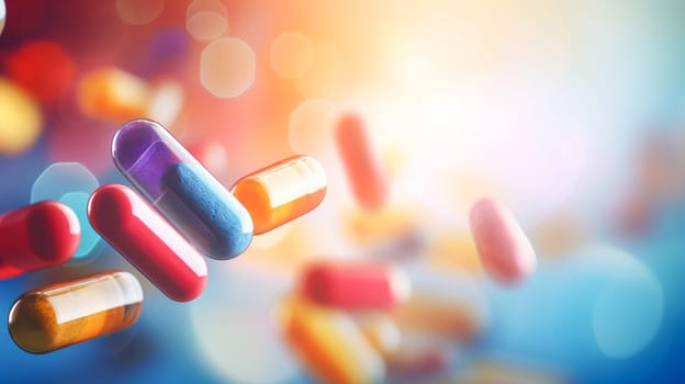 A large number of multi-colored tablets, capsules and vitamins with light, close-up. Medicine, treatment in a medical institution, healthy lifestyle, medical life insurance, pharmacies, pharmacy, treatment in a clinic.