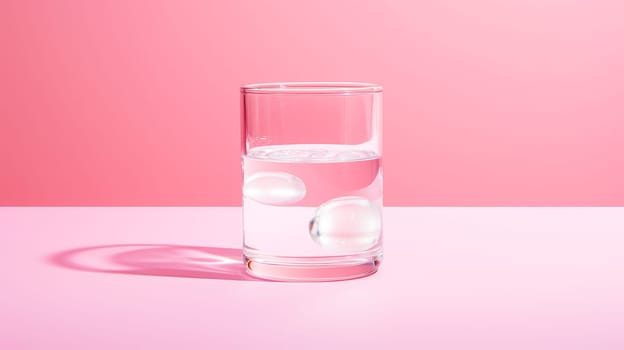 Glass with clear water and pills during illness on a pink background. Medicine, treatment in a medical institution, healthy lifestyle, medical life insurance, pharmacies, pharmacy, treatment in a clinic.