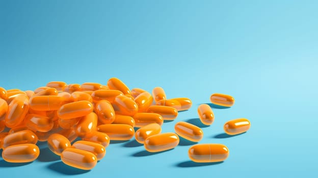 Yellow orange pills, capsules and vitamins in a jar on a blue background. Medicine, treatment in a medical institution, healthy lifestyle, medical life insurance, pharmacies, pharmacy, treatment in a clinic.