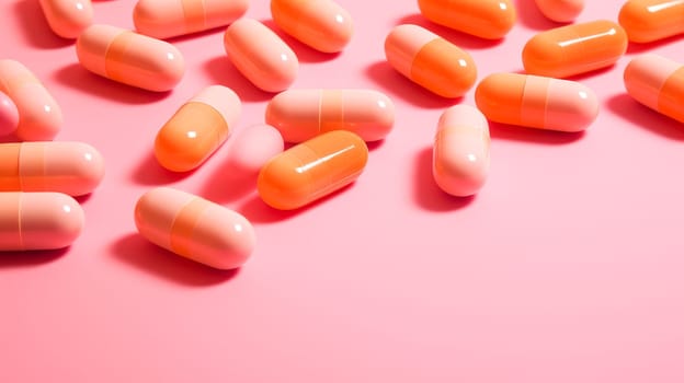Yellow orange pills, capsules and vitamins in a jar on a pink background. Medicine, treatment in a medical institution, healthy lifestyle, medical life insurance, pharmacies, pharmacy, treatment in a clinic.