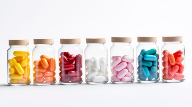 Multi-colored pills in jars on a white background. Medicine, treatment in a medical institution, healthy lifestyle, medical life insurance, pharmacies, pharmacy, treatment in a clinic.