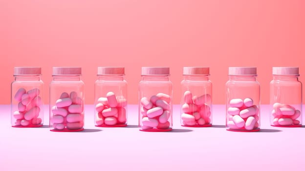 Multi-colored pills in jars on a pink background. Medicine, treatment in a medical institution, healthy lifestyle, medical life insurance, pharmacies, pharmacy, treatment in a clinic.