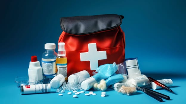 Red first aid kit with a cross with medicines. Medicine, treatment in a medical institution, healthy lifestyle, medical life insurance, pharmacies, pharmacy, treatment in a clinic.