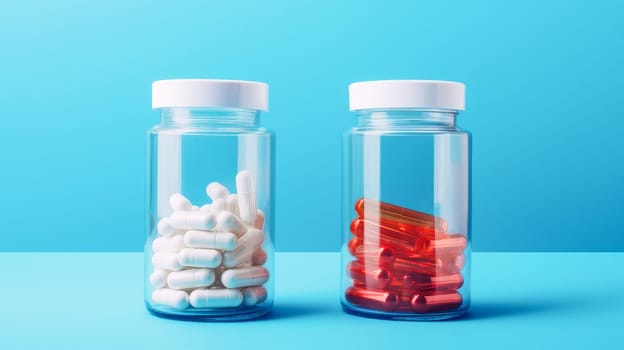 White pills, capsules and vitamins in a jar on a blue background. Medicine, treatment in a medical institution, healthy lifestyle, medical life insurance, pharmacies, pharmacy, treatment in a clinic.