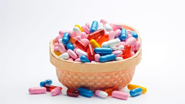 Multi-colored tablets, capsules and vitamins in a jar on a white background in a shopping cart. Medicine, treatment in a medical institution, healthy lifestyle, medical life insurance, pharmacies, pharmacy, treatment in a clinic.