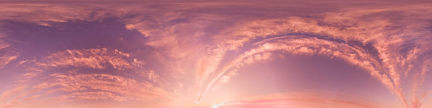 Bright sunset sky panorama with Cirrus clouds. Seamless hdr spherical equirectangular 360 panorama. Sky dome or zenith for 3D visualization, game and sky replacement for aerial drone 360 panoramas.