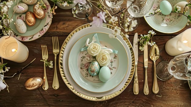 Easter tablescape decoration, floral holiday table decor for family celebration, spring flowers, Easter eggs, Easter bunny and vintage dinnerware, English country and home styling