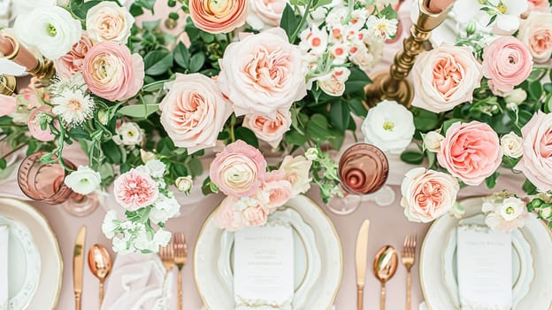 Beautifully set table for a garden party, adorned tablescape with vibrant floral arrangements, under the shade of blossoming rose bushes, inviting a sense of elegance and natural charm