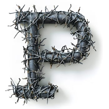 The letter P is crafted from barbed wire, resembling a twig or Christmas decoration. It serves as an artistic fashion accessory, blending metal with intricate patterns for an ornamented event wreath