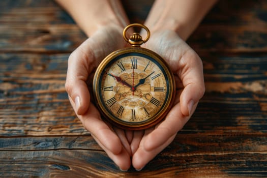 hands holding vintage clock. ai generated