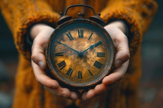 hands holding vintage clock. ai generated