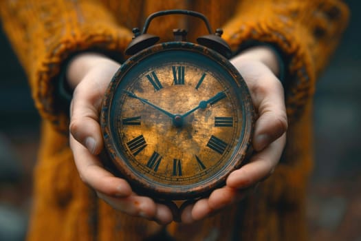 hands holding vintage clock. ai generated