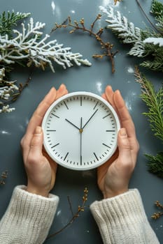 hands holding modern white clock, winter and Christmas concept ai generated