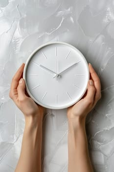 hands holding modern white clock. ai generated