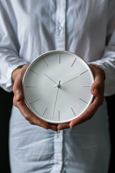 hands holding modern white clock. ai generated