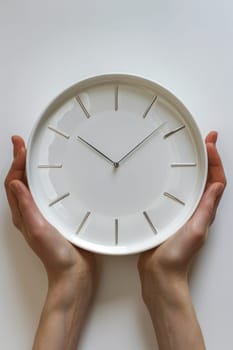 hands holding modern white clock. ai generated