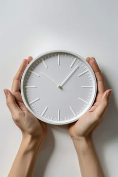 hands holding modern white clock. ai generated