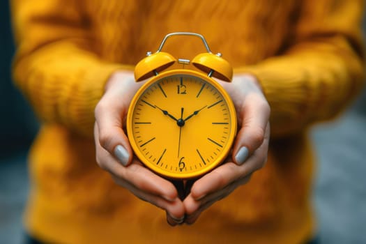 hands holding modern yellow clock. ai generated