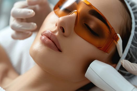 Close up portrait of a young woman patient receiving a laser treatment in a spa salon. ai generated