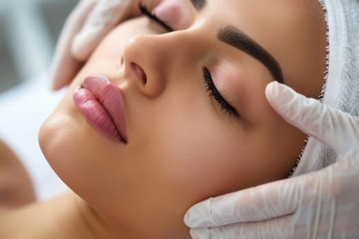 Close up portrait of a young woman patient receiving a laser treatment in a spa salon. ai generated