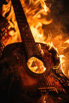 guitar on fire isolated on black background