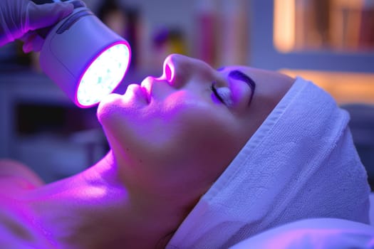 Close up portrait of a young woman patient receiving a laser treatment in a spa salon. ai generated