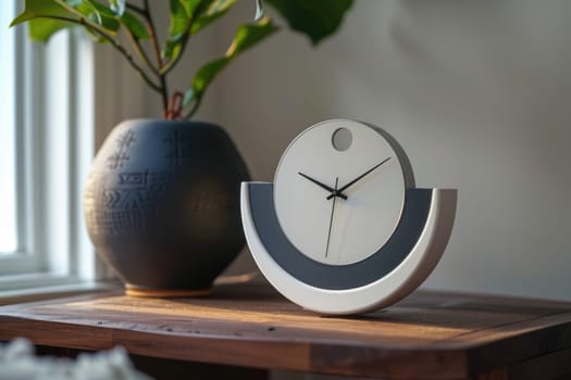 good morning concept - modern alarm clock and houseplant on bedside table. ai generated