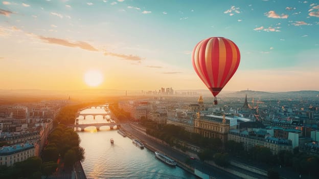 Hot air balloon floating over cityscape, Paris, with copy space area
