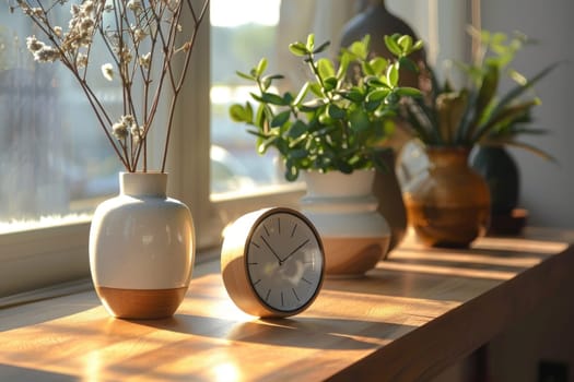 good morning concept - modern alarm clock and houseplant on bedside table. ai generated