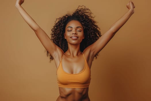 Slender black woman posing with hands raised up on beige background. ai generated