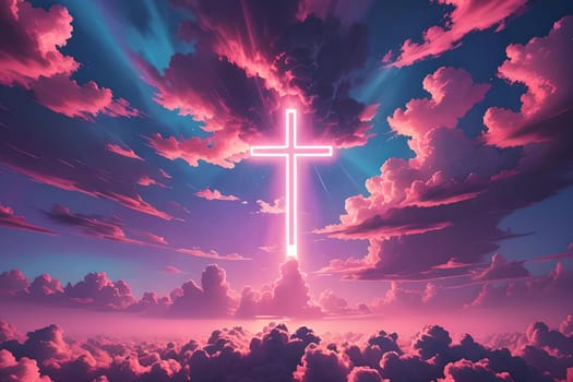 Radiating cross emerging from pink clouds. The concept of believe